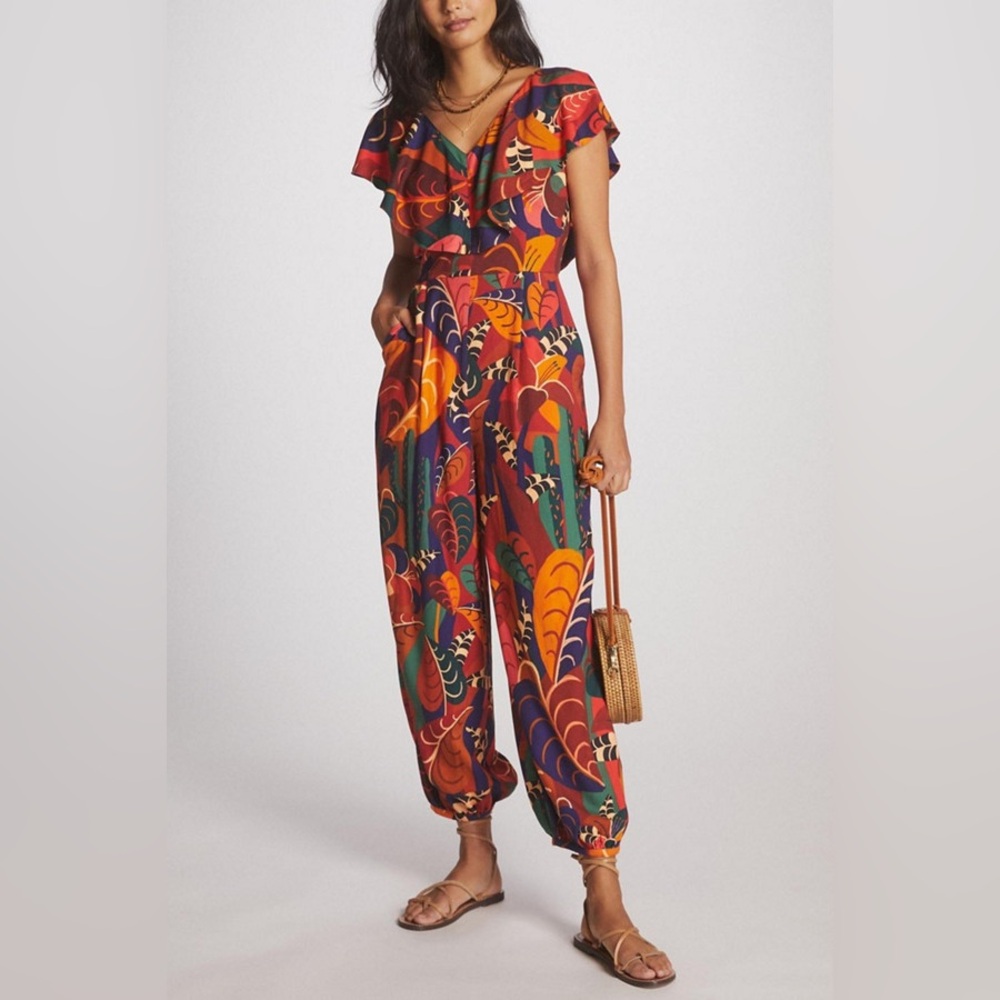 Farm Rio Abstract Tropical Print Ruffle Balloon Leg Beaded Jumpsuit XS